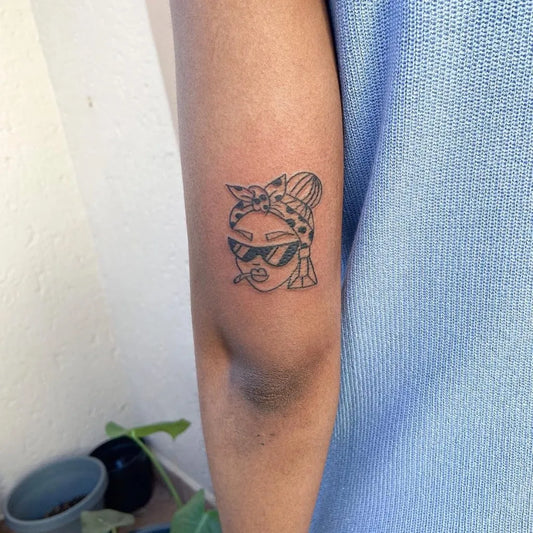 Medium Linework Woman with Headscarf and Cigarette on Women Arm Tattoo by @ubinktattoos