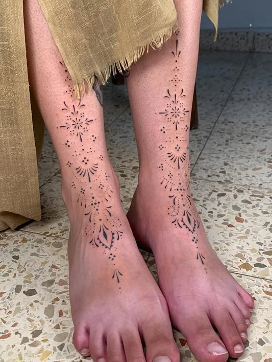 Medium Mandala Dots Stars on Women Legs Tattoo by @lieli.soul