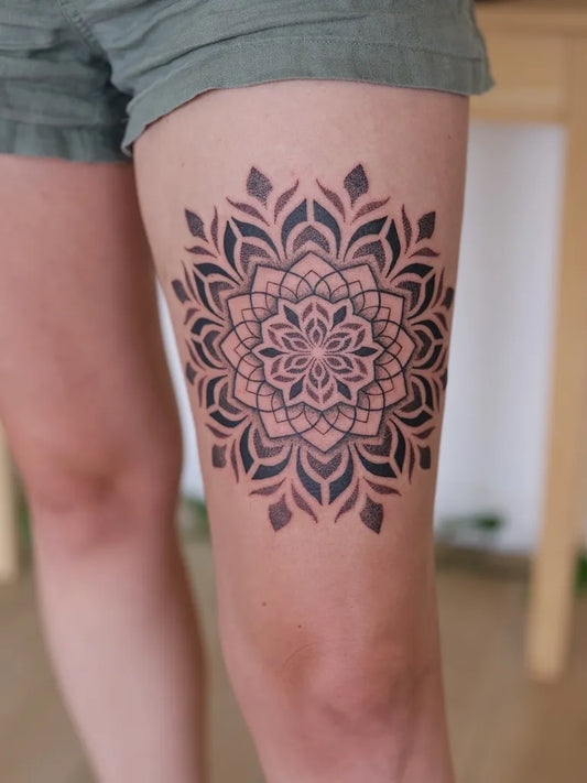 Medium Mandala Floral Mandala Tattoo on Women Thigh by @kyleshritattoo