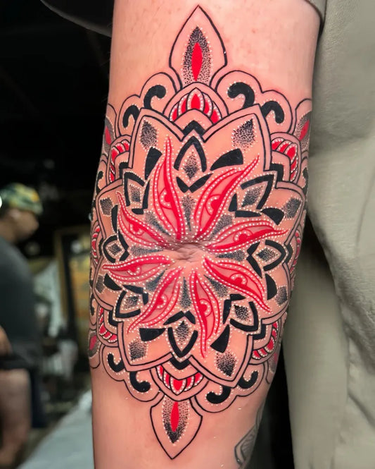 Medium Mandala Floral Motif Tattoo on Men Elbow by @themanyao