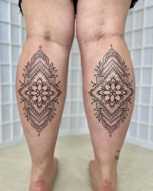 Medium Mandala Floral Motif Tattoo on Women Calf by @laurensmithtat