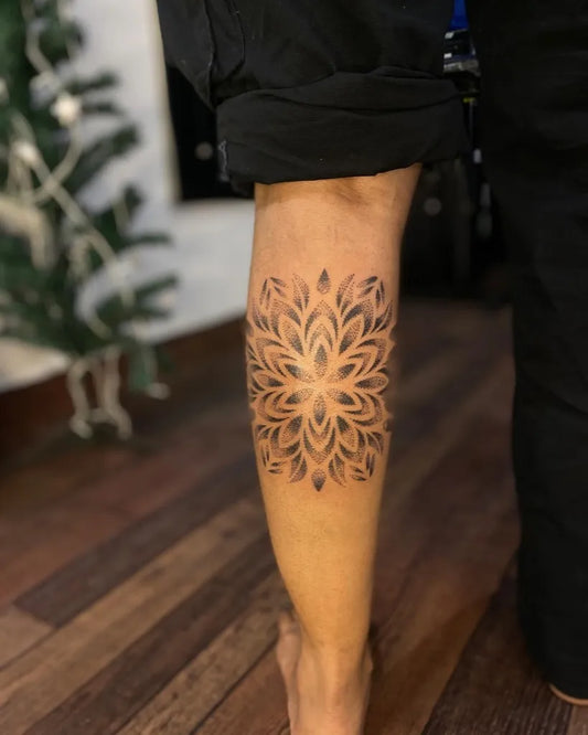 Medium Mandala Flower on Women Knee Tattoo by @delhi_ink_tattooz