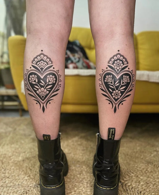 Medium Mandala Heart and Flowers on Women Legs Tattoo by @hyliabe_tattoo