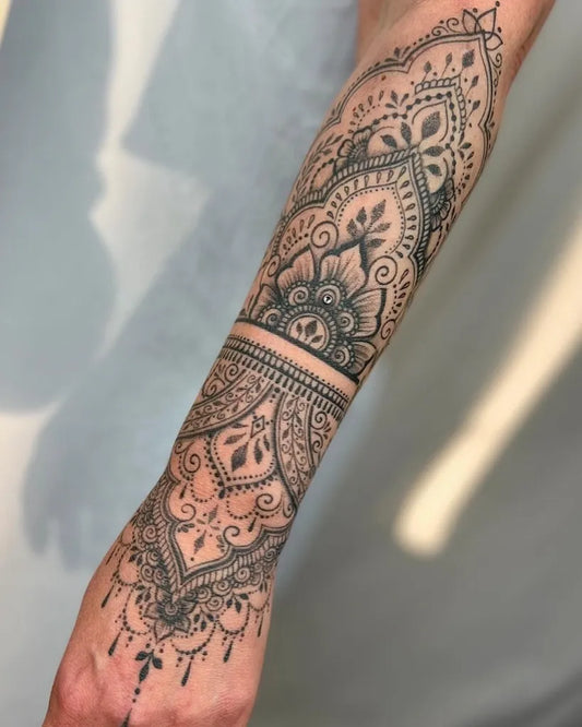 Medium Mandala Mandala Floral Lace Tattoo on Women Forearm by @jirenestudio