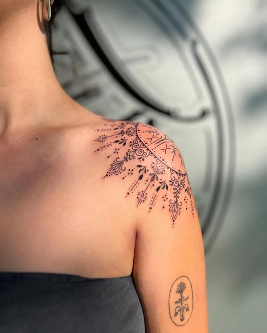 Medium Mandala Mandala Floral Lace Tattoo on Women Shoulder by @josefineirene