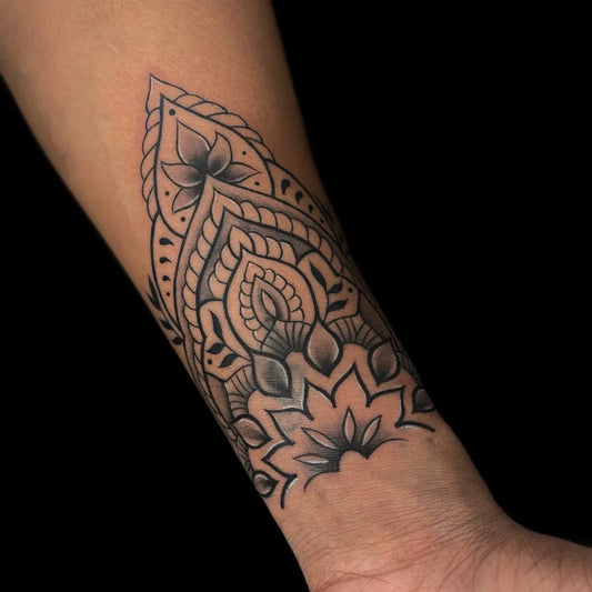 Medium Mandala Mandala Floral Tattoo on Women Arm by @gothratattoos