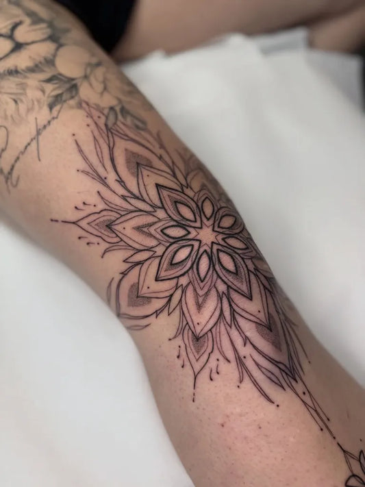 Medium Mandala Mandala Flower Tattoo on Women Knee by @marichyl