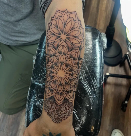 Medium Mandala Mandala Tattoo on Men Arm by @chrismorillotattoo