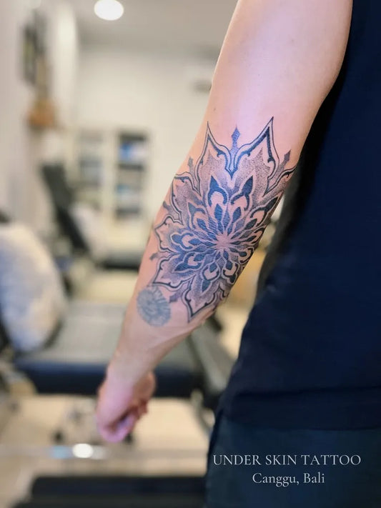 Medium Mandala Mandala Tattoo on Men Arm by @underskin.tattoocanggu