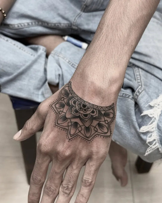 Medium Mandala Mandala Tattoo on Men Hand by @ink_waves_tattoo