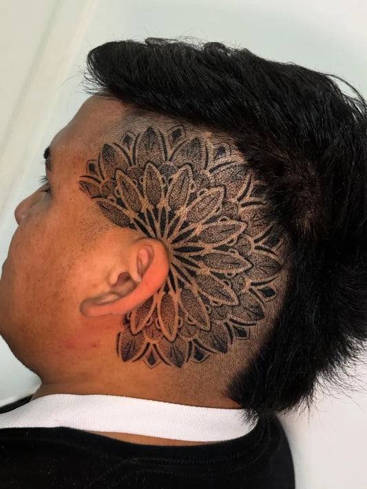Medium Mandala Mandala Tattoo on Men Head by @kiki.tattooart