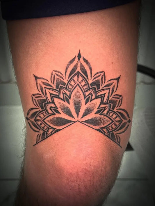 Medium Mandala Mandala Tattoo on Men Knee by @bla.ck_tattooer