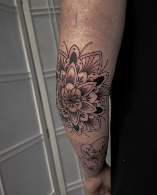 Medium Mandala Mandala Tattoo on Women Arm by @brookejagertattoo