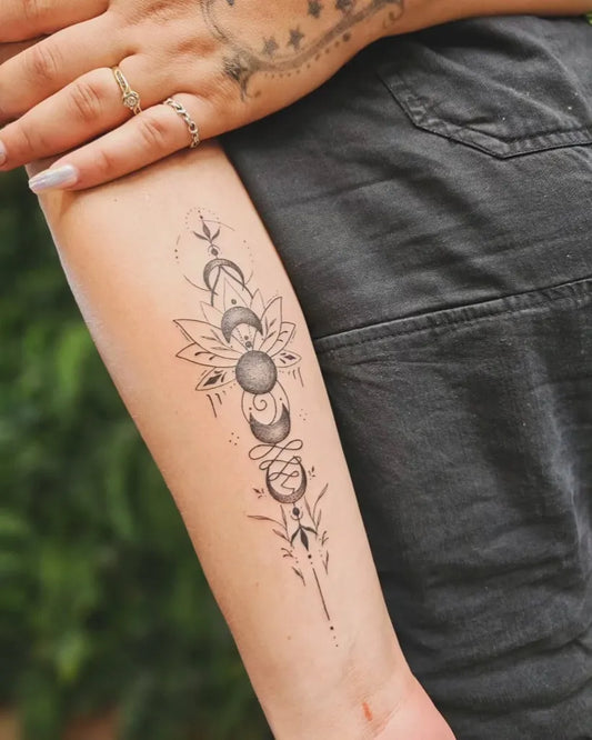 Medium Mandala Moon Bee on Women Arm Tattoo by @taylahjadeart