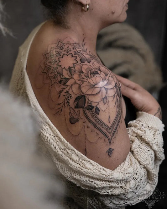 Medium Mandala Rose Mandala Tattoo on Women Shoulder by @kunstwerk.chelle