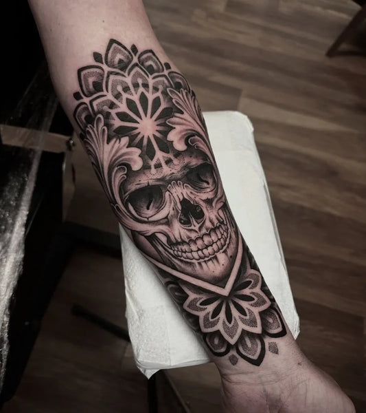 Medium Mandala Skull on Men Arm Tattoo by @domjoeltattoo