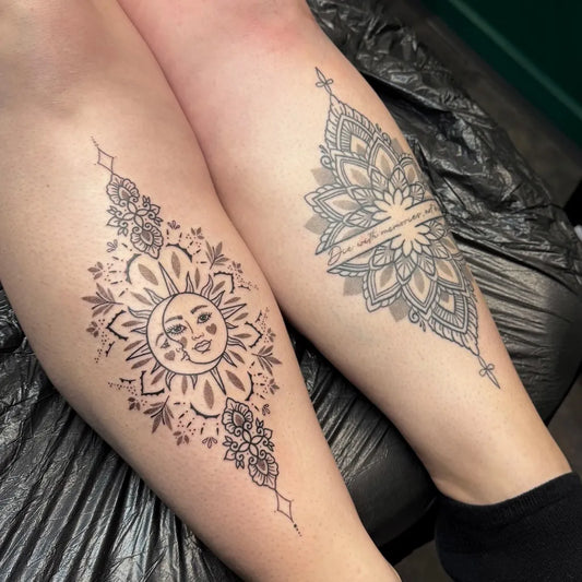 Medium Mandala Sun Moon Mandala on Women Thigh Tattoo by @tattoosbycay
