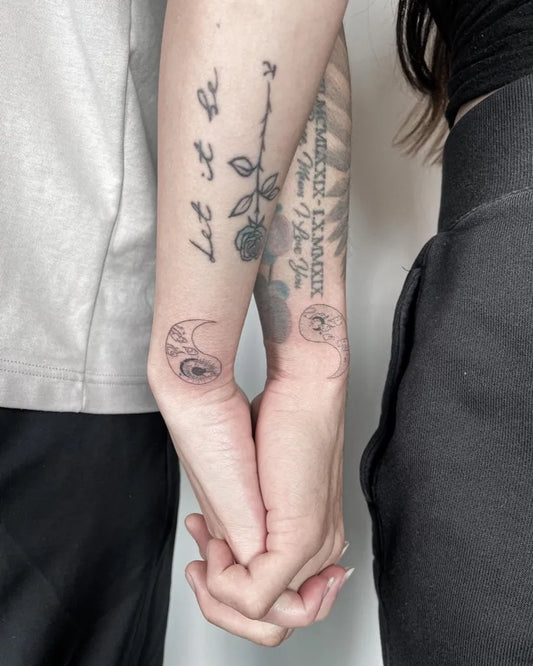 Medium Matching Fine Line YinYangRose Tattoo on Women Arm by @afterhours_tattoostudio
