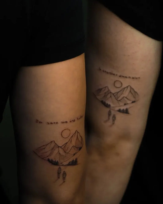 Medium Matching Mountain Sun Figures Tattoo on Women Thigh by @svoboda.tattooing