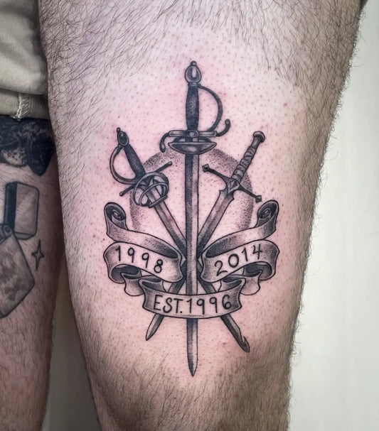Medium Memorial Three Swords on Men Leg Tattoo by @whatreiley