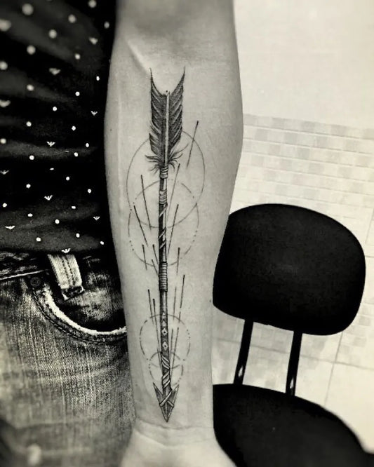 Medium Minimalist Arrow and Circles Tattoo on Men Arm by @girottotattoo