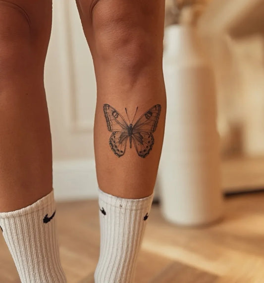 Minimalist Butterfly on Women Thigh Tattoo by @ellierose.tattoos