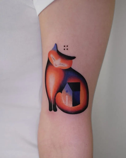 Medium Minimalist Cat House Tattoo on Women Arm by @kara.kurta