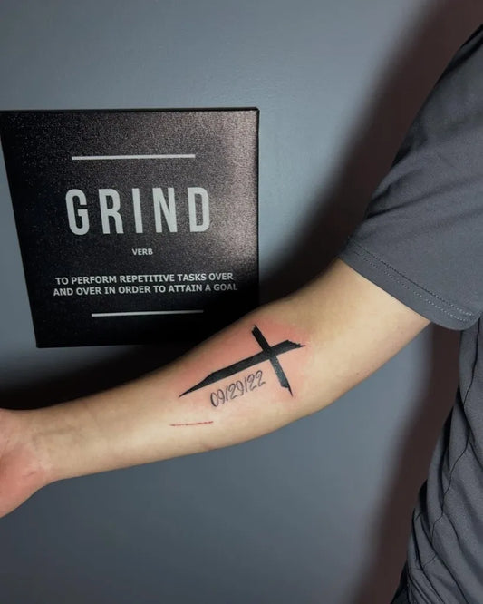Medium Minimalist Cross Grind on Men Arm Tattoo by @l.azinkz