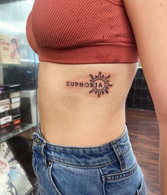 Medium Minimalist Euphoria Sunburst on Women Side Tattoo by @metalurgestattoostudio