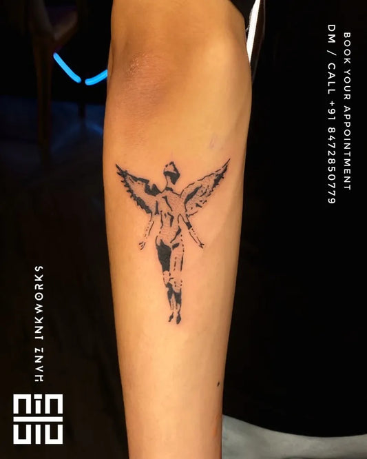 Medium Minimalist Flying Angel on Women Arm Tattoo by @hanz_inkworks