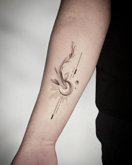Medium Minimalist Koi Fish and Sun Tattoo on Men Arm by @gorka.ttt