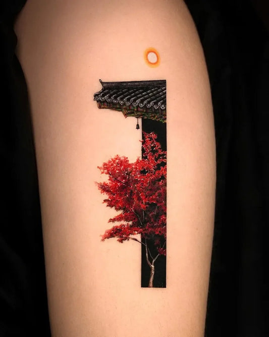 Medium Minimalist KoreanRoof RedMapleTree Tattoo on Women Arm by @rizn__tattoo