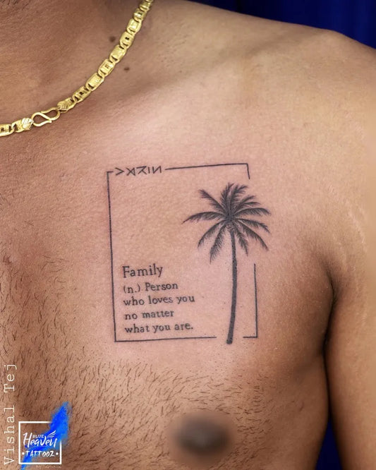 Medium Minimalist Palm Tree Family Quote Tattoo on Men Chest by @blue_heaven_tattooz