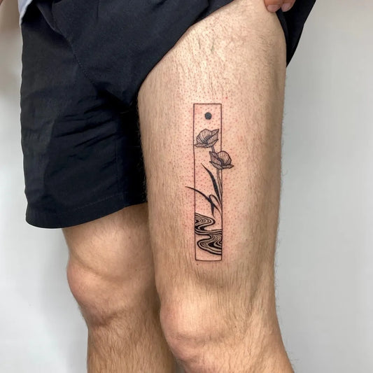 Medium Minimalist Poppy Flowers Tattoo on Men Thigh by @yoo.tattoo
