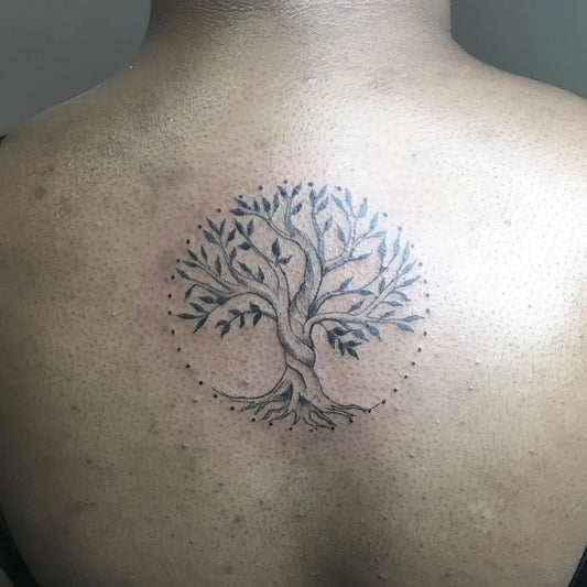 Medium Minimalist Tree with Dots and Roots on Women Back Tattoo by @ubinktattoos