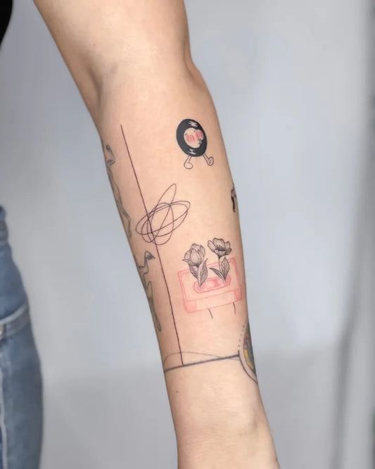 Medium Minimalist Vinyl and Roses Music Tattoo on Women Arm by @elizabalasa