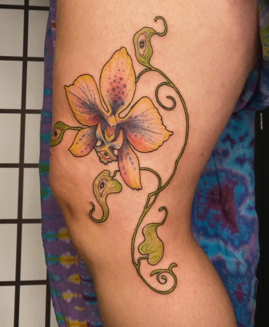 Medium NEO TRADITIONAL Orchid Vines Tattoo on Women Thigh by @magic_rabbitt