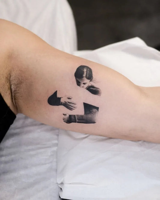 Medium Negative Space Figure with Document Tattoo on Men Arm by @justinkd_tatts