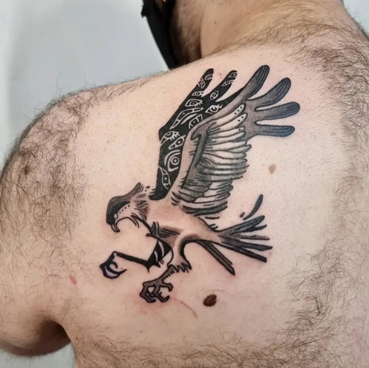Medium Negative Space Osprey Tattoo on Men Shoulder by @60jams