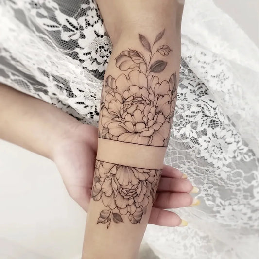 Medium Negative Space Peony Flowers Tattoo on Women Arm by @inkspirationbb
