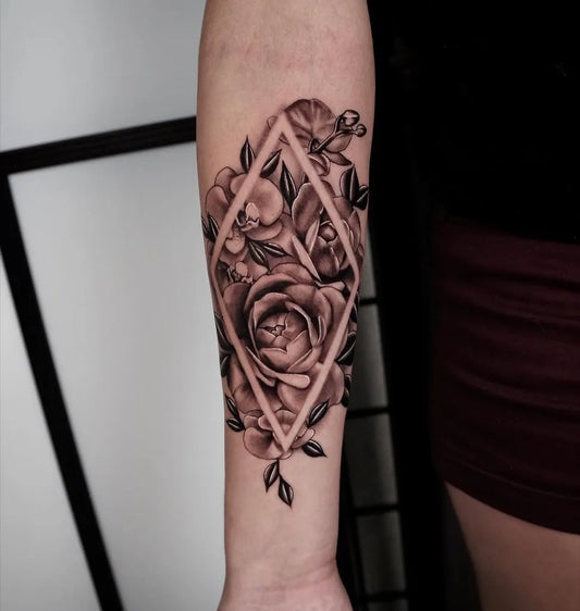 Medium Negative Space Rose Orchid Flower Tattoo on Women Arm by @lord_yuli