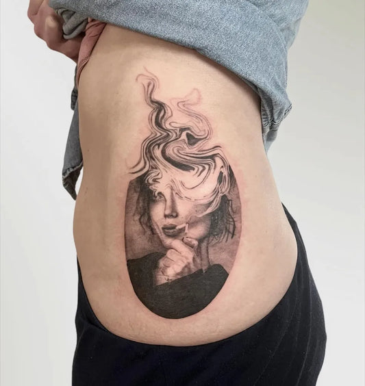 Medium Negative Space Smoking Woman Tattoo on Women Side by @janethestranger