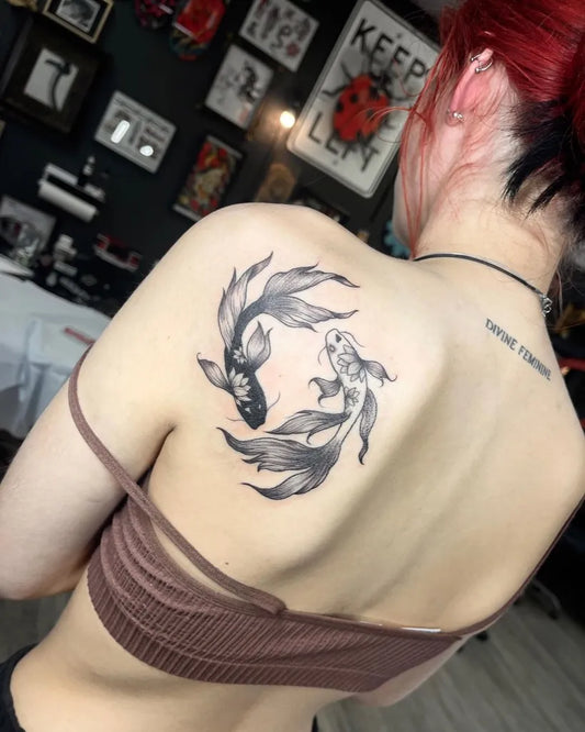 Medium Negative Space Two Koi Fish Tattoo on Women Back by @emilycolgantattoos