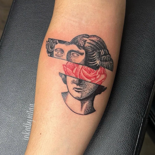 Medium Neo Classical Bust and Rose on Women Arm Tattoo by @inkedby.nitaa