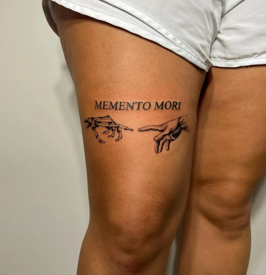 Medium Neo Classical Memento Mori Hands on Women Thigh Tattoo by @bdenn97