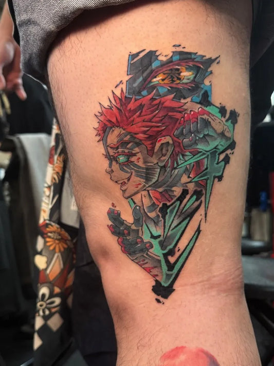 Medium Neo New School Anime Character Tattoo on Men Thigh by @tau777_