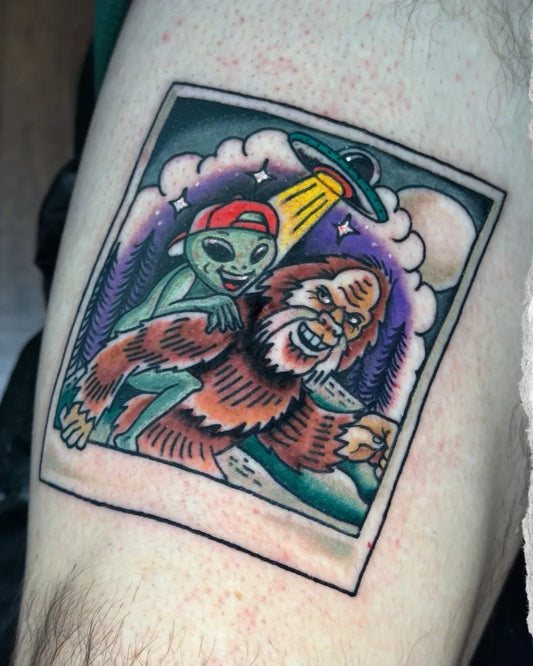 Medium Neo Traditional Alien Bigfoot Tattoo on Men Arm by @renot_aragontattoo