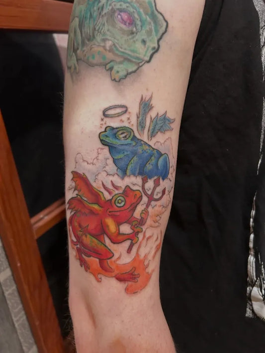 Medium Neo Traditional Angel Devil Frogs Tattoo on Men Arm by @thegoatsba
