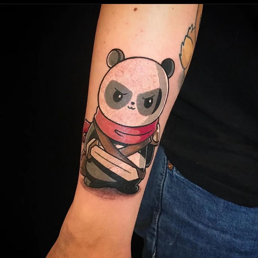 Medium Neo Traditional Angry Panda Cartoon Tattoo on Women Arm by @thirdseasontattoo