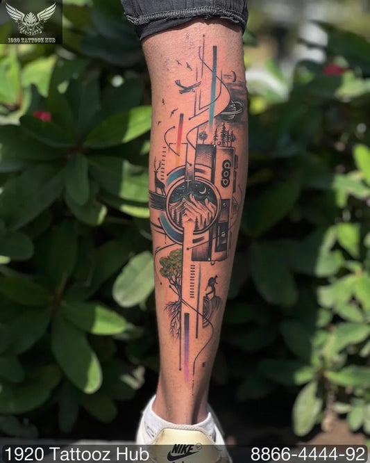 Medium Neo Traditional Avian and Geometric Tattoo on Men Calf by @1920tattoozhub